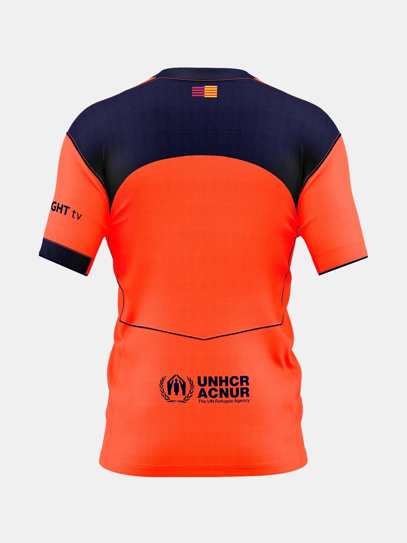 Back of FC Barcelona 25/26 third jersey in orange/navy with UNHCR ACNUR logo