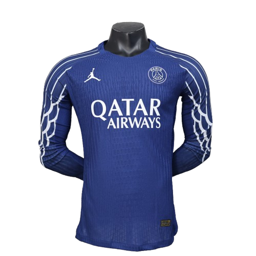 Blue PSG 25/26 4th away player jersey with Qatar Airways sponsor