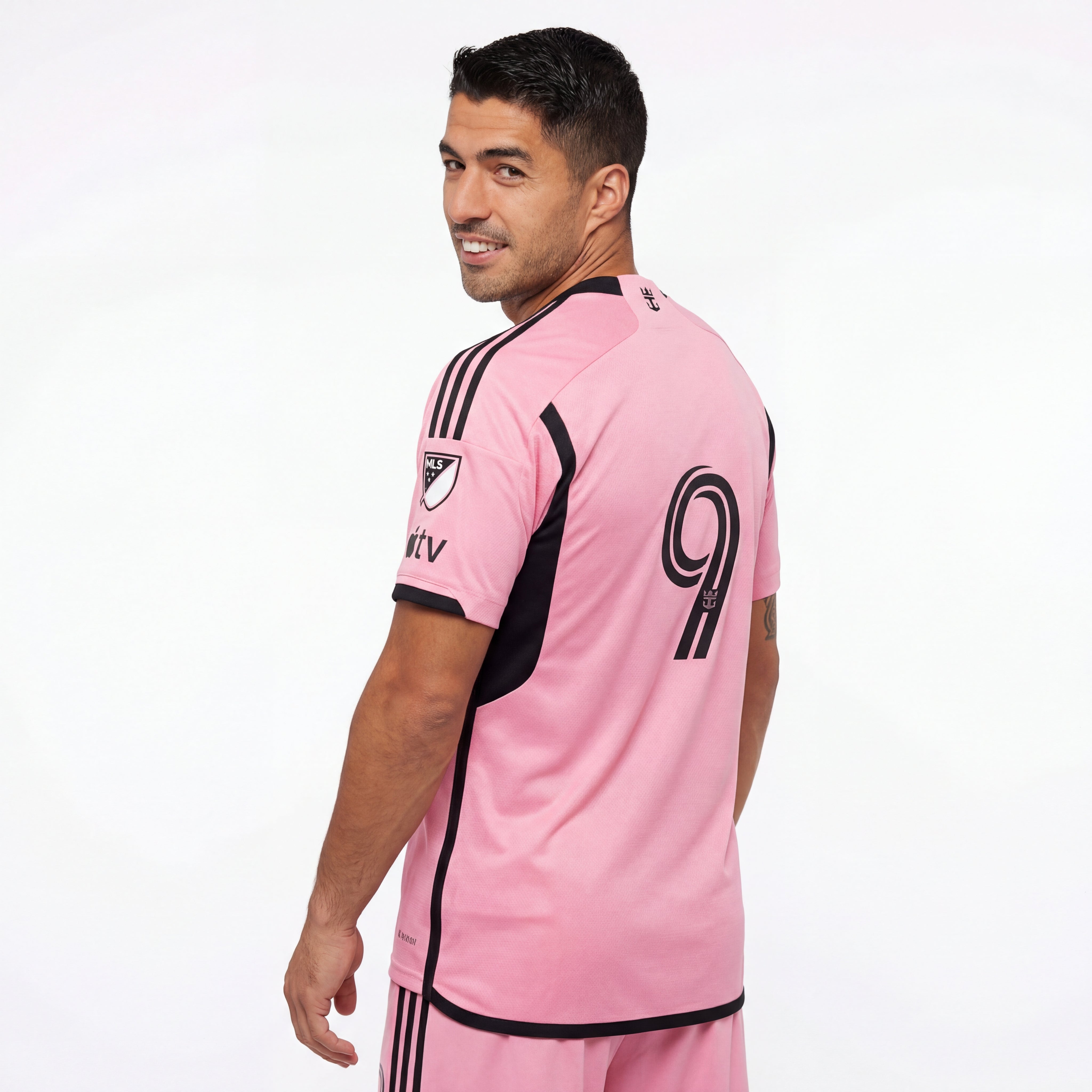 Back of pink Inter Miami 25/26 player home jersey with black accents and number 9