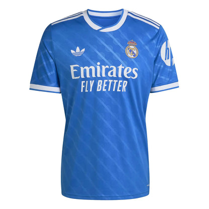 Blue Real Madrid 25/26 third home jersey with white trim, adidas, Emirates