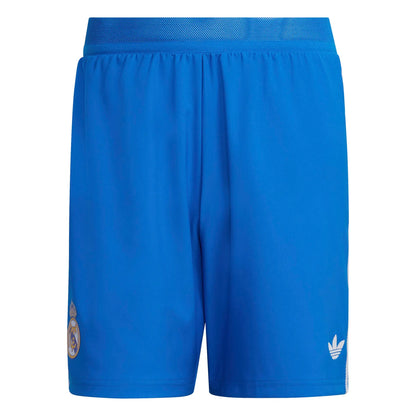 Shorts Real Madrid 25/26 Third: bright blue with crest and adidas trefoil